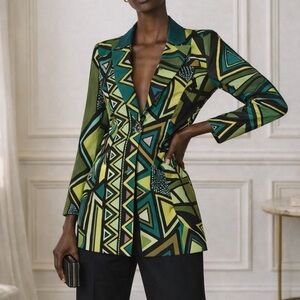 Kahindo Green Abstract Geometric Tuxedo Blazer Jacket